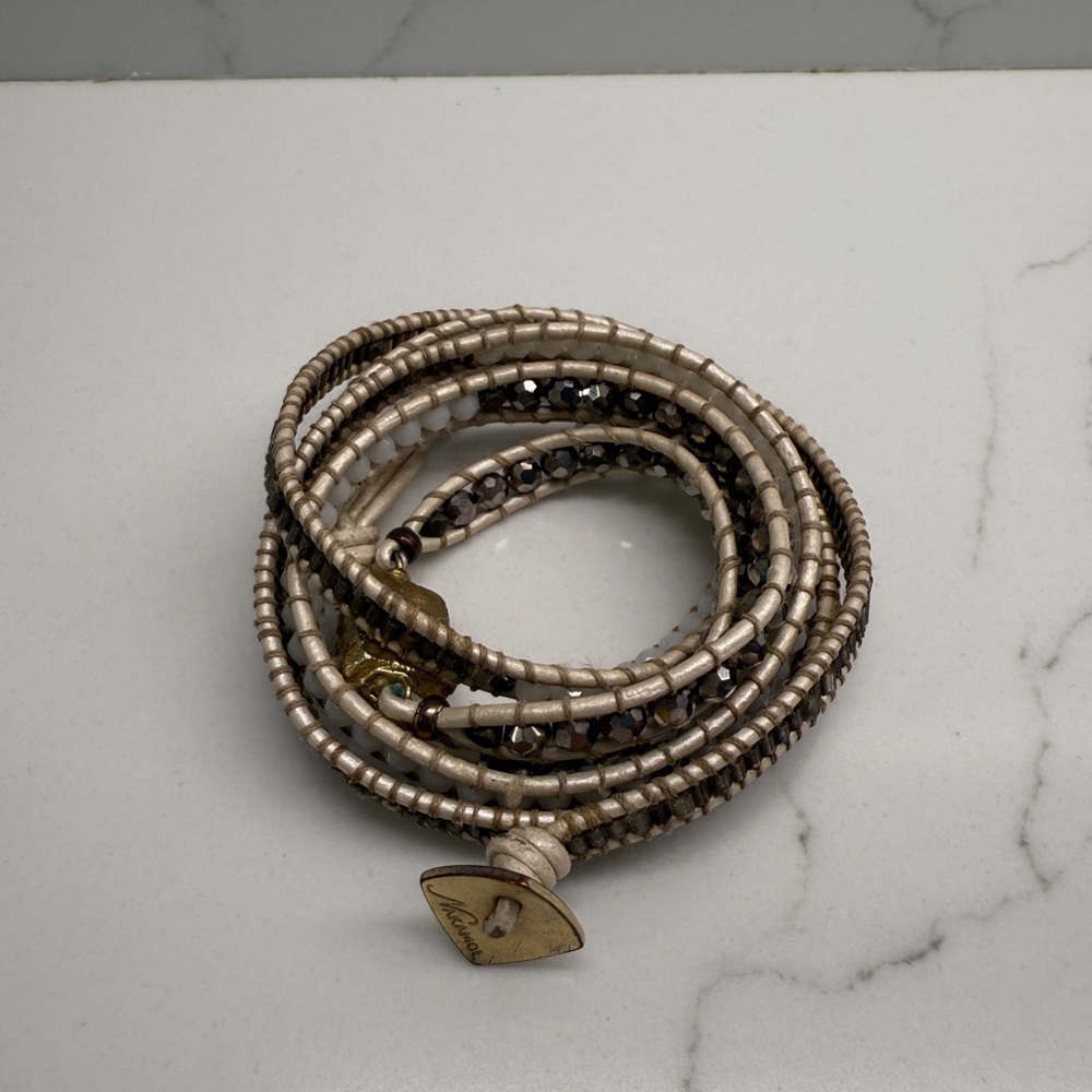 Nakamol Cream and Brown Beaded Wrap Bracelet With Amethyst (not real) in Middle